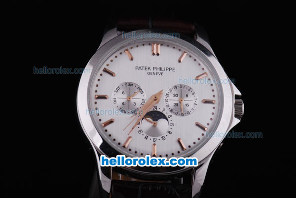 Patek Philippe Perpetual Calendar Automatic with White Dial,Gold Marking and Leather Strap - Click Image to Close